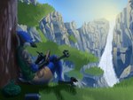 anthro bag clothed clothing feathers feet happy male mountain nature plant smile solo talons toes tree waterfall lugen_kobold nolan_(nosassymon) avian bird blue_jay corvid jay_(bird) new_world_jay oscine passerine absurd_res hi_res