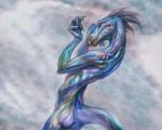 5_fingers >:( abstract_background angry anthro athletic athletic_anthro athletic_male butt feathers fingers looking_down male multicolored_body multicolored_scales multicolored_tail nude red_eyes scales snout solo standing tail klongi lizard reptile scalie 2019 5:4 digital_media_(artwork) digital_painting_(artwork) portrait three-quarter_portrait