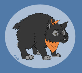 black_body black_fur ear_piercing feral fur grumpy kerchief male neckwear piercing simple_background slightly_chubby solo yellow_eyes mr.brapion canid canine canis mammal wolf