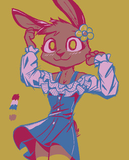 anthro clothed clothed_anthro clothed_female clothing color_swatch dress female fur head_tuft simple_background solo tuft yellow_background theblueberrycarrots elote_(enginetrap) lagomorph leporid mammal rabbit digital_drawing_(artwork) digital_media_(artwork) restricted_palette source_request