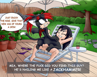 4_toes 5_fingers anthro anthro_penetrated backyard balls balls_deep barefoot big_butt butt cowgirl_position day detailed_background dialogue duo feet female female_on_human fingers from_front_position fucked_silly genitals human_on_anthro human_penetrating human_penetrating_anthro interspecies male male/female male_on_anthro nude offscreen_character on_bottom on_top outdoor_nudity outside outside_sex penetration profanity sex soles speech_bubble text toe_wiggle toes meyk sega sonic_the_hedgehog_(series) athena_the_bat-cat fan_character bat domestic_cat felid feline felis human hybrid mammal absurd_res english_text hi_res