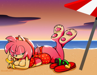 4_toes accessory anthro barefoot beach bedroom_eyes big_breasts big_feet bracelet breast_squish breasts butt clothing countershade_feet countershading discarded_footwear feet female green_eyes hair_accessory hairband hindpaw jewelry legs_up lying narrowed_eyes on_front pawpads paws pink_body pink_pawpads plantigrade sea seductive smile soles solo squish swimwear tan_body tan_skin toes umbrella water voidsdroids sega sonic_the_hedgehog_(series) amy_rose eulipotyphlan hedgehog mammal hi_res