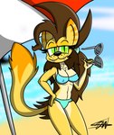 anthro beach bikini bikini_bottom bikini_top breasts brown_hair clothing eyewear fangs female fur green_eyes hair long_hair nipple_outline orange_body orange_fur sand seaside solo sunglasses swimwear teeth two-piece_swimsuit umbrella yellow_body yellow_fur phalanx_b_deer catherine_claws domestic_cat felid feline felis mammal 2018 absurd_res hi_res