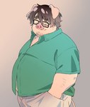 anthro belly bottomwear clothing eyes_closed eyewear glasses kemono male overweight overweight_male pants shirt simple_background smile solo topwear inunoshippo domestic_pig mammal suid suine sus_(pig) 2025 hi_res