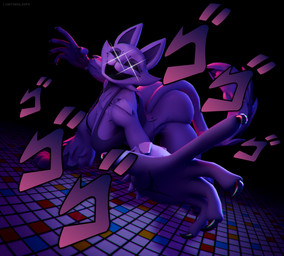 anthro bent_over big_breasts bottomless bottomless_anthro bottomless_female breasts butt claws cleavage clothed clothing crossgender dutch_angle female floor fur glowing glowing_eyes looking_at_viewer menancing mtf_crossgender open_mouth open_smile purple_body purple_clothing purple_fur purple_shirt purple_topwear reaching_towards_viewer shirt smile smiling_at_viewer solo sparkles stitch_(sewing) tail tail_tuft text tile tile_floor topwear tuft wide_hips lightshow_nsfw aquetteeyrnes_(modeler) jojo's_bizarre_adventure mob_entertainment poppy_playtime smiling_critters catnap_(poppy_playtime) domestic_cat felid feline felis mammal 3d_(artwork) absurd_res digital_media_(artwork) full-length_portrait hi_res japanese_text portrait watermark
