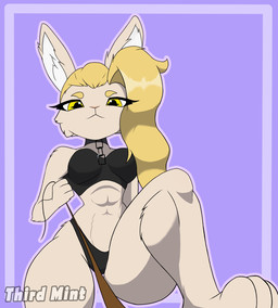 anthro assertive_female bdsm blonde_hair bondage bound bra breasts chain clothing curvy_figure dominant dominant_female eye_contact female first_person_view fur hair inner_ear_fluff leash leashing_pov looking_at_another muscular muscular_female simple_background solo thick_thighs tuft underwear voluptuous yellow_eyes thirdmint lagomorph leporid mammal rabbit hi_res