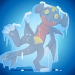 ambiguous_gender anthro blue_background blue_body feet frozen frozen_solid ice on_one_leg simple_background solo standing surprised_expression surprised_look tail talons toes yellow_sclera albinoturtle mythology nintendo pokemon dragon garchomp generation_4_pokemon mythological_creature mythological_scalie pokemon_(species) scalie 1:1 absurd_res hi_res