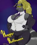 anthro big_breasts black_bottomwear black_clothing black_handwear black_outerwear blonde_hair bottomwear breasts cleavage clothed clothing cosplay curvy_figure eyewear female glistening glistening_bottomwear glistening_clothing gloves hair handwear holidays jacket leggings legwear mature_anthro mature_female midriff necktie pants shirt_collar solo sunglasses text tight_bottomwear tight_clothing tight_topwear topwear voluptuous white_clothing white_topwear wide_hips yellow_eyewear nightfaux capcom halloween street_fighter crimson_viper naomi_rasputin mammal procyonid raccoon 2014 digital_media_(artwork) english_text portrait signature three-quarter_portrait