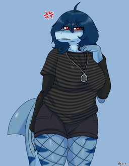 alternative_fashion angry anthro big_breasts biped black_bottomwear black_clothing black_shirt black_shorts black_topwear blue_background blue_body blue_hair blush bottomwear breasts clothed clothed_anthro clothed_female clothing cross-popping_vein female fingers fishnet_clothing fishnet_leggings fishnet_legwear front_view frown gills goth hair half-closed_eyes humanoid_hands jewelry leggings legwear long_hair long_tail markings narrowed_eyes necklace nipple_outline nipples non-mammal_breasts non-mammal_nipples pattern_clothing pattern_shirt pattern_topwear red_eyes shirt shorts simple_background solo standing striped_clothing striped_markings striped_shirt striped_topwear stripes tail text thick_thighs topwear hyuvevo valerie_(mellowcapsaicin) aquatic fish shark 2025 absurd_res artist_name colored hi_res portrait three-quarter_portrait