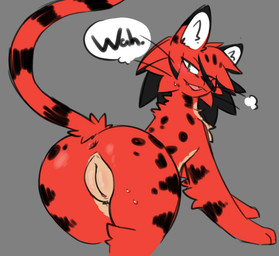 anus blush butt female feral fur genitals hair looking_at_viewer looking_back markings presenting presenting_anus presenting_hindquarters presenting_vulva simple_background smile solo speech_bubble spots tail text vulva whiskers shinyumbre mae_(shinyumbre) felid feline mammal serval