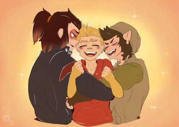 bodily_fluids clothed clothing crying eyes_closed group hug hugging_another male narrowed_eyes open_mouth open_smile simple_background smile tears tears_of_joy teary_eyes trio tabascomilk humanoid absurd_res hi_res