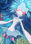 anthro blue_hair breasts eyelashes eyes_closed female floating gem hair lying on_back pearl_(gem) small_breasts solo starfish_(accessory) water white_body pipopoppu nintendo pokemon anthozoan asterozoan cnidarian coral echinoderm generation_7_pokemon marine pokemon_(species) primarina starfish 2023 hi_res