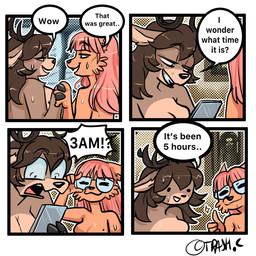 after_sex anthro antlers black_nose bodily_fluids breasts brown_body brown_fur brown_hair cellphone dialogue duo electronics eye_contact eyewear female female/female fur glasses hair hand_holding holding_cellphone holding_object holding_phone holding_smartphone horn humanoid_hands long_hair looking_at_another nude nude_anthro nude_female phone pink_hair smartphone speech_bubble sweat sweaty_arms sweaty_body sweaty_face talking_to_another talking_to_partner tan_body tan_fur text wearing_glasses trashcamell peanut_(trashcamell) deer mammal 1:1 2026 comic english_text hi_res trans_(lore) trans_woman_(lore)