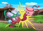 ambiguous_gender cape clothing day detailed_background fight kick male mask not_furry open_mouth pink_body purple_body purple_eyes unknown_artist kirby:_right_back_at_ya! kirby_(series) nintendo demon_knuckle_joe fighter_kirby kirby knuckle_joe meta_knight alien humanoid waddling_head official_art