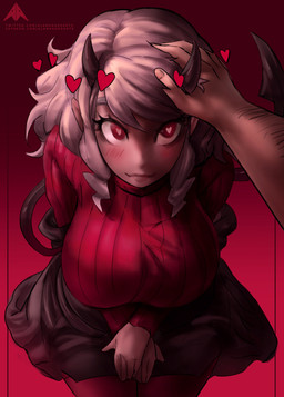 5_fingers big_breasts blush breasts clothed clothing duo eyelashes faceless_character faceless_male female fingers first_person_view fully_clothed hair headpat heart_eyes heart_symbol horn jacket male not_furry pink_hair red_eyes short_hair smile spade_tail sweater tail text topwear alamander helltaker modeus_(helltaker) demon demon_humanoid humanoid 2021 absurd_res artist_name hi_res url