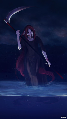 anthro black_clothing black_nose clothed clothing female front_view hair holding_melee_weapon holding_object holding_polearm holding_scythe holding_weapon licking licking_lips licking_own_lips long_hair melee_weapon outside polearm raining red_eyes red_hair red_tongue scythe solo standing text tongue tongue_out waterline_view weapon white_body unknowhiter canid mammal 2015 artist_name