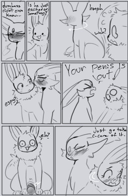 animal_genitalia animal_penis big_penis blush canine_genitalia canine_penis dialogue duo erection feral fur genitals male male/male open_mouth penis simple_background smile tail text gastropied nintendo pokemon canid eevee eeveelution espeon generation_1_pokemon generation_2_pokemon mammal pokemon_(species) comic digital_media_(artwork) english_text