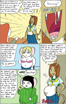 abdominal_bulge after_vore anthro asian_clothing black_hair bloated blonde_hair bodily_fluids bottomwear bra breasts brown_body brown_fur brown_hair clothing crop_top dialogue east_asian_clothing eating female female_pred food fur green_clothing green_shirt green_topwear group hair hiccuping japanese_clothing japanese_school_uniform overweight saliva saliva_string school_uniform serafuku shirt skirt speech_bubble sweater text topwear underwear uniform vore white_body white_fur s.sakurai felid mammal mouse murid murine rodent comic english_text