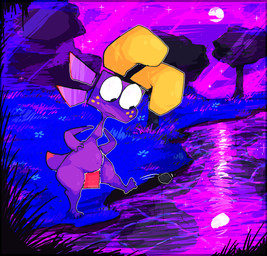 anthro flower grass male moon night nightscape plant purple_body reflection river short_tail solo star tail tree roksim jumpo veggiefolk hi_res