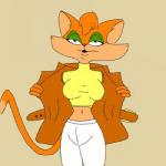 anthro biped clothing coat dipstick_tail eyeshadow female front_view fur jacket looking_at_viewer makeup markings midriff multicolored_tail navel orange_body orange_fur shirt solo standing tail tail_markings tan_body tan_fur topwear cleothecat fantomcat tabitha_wildcat domestic_cat felid feline felis mammal 1:1 better_version_at_source low_res portrait three-quarter_portrait