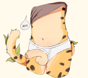 >///< anthro ball_tuft balls belly black_body black_fur black_spots black_spotted_body black_spotted_fur bottomwear briefs brown_clothing brown_shirt brown_topwear clothed clothing clothing_aside foreskin fur fur_spots genitals leaf leaves_on_body long_tail male markings multicolored_body multicolored_tail navel partially_clothed penis shirt shy simple_background small_penis solo speech_bubble spots spotted_markings spotted_tail tail tail_markings thin_tail tighty_whities topwear tuft underwear underwear_aside white_background white_body white_bottomwear white_briefs white_clothing white_fur white_underwear yellow_body yellow_fur 10ov0 mako_(10ov0) felid feline mammal serval half-length_portrait hi_res portrait