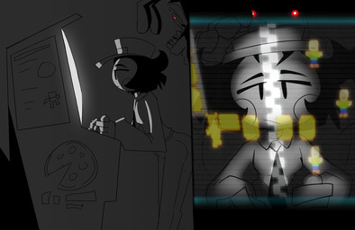 4_fingers anthro arcade arcade_machine black_eyebrows black_eyes black_hair black_necktie bored clothed clothed_female clothed_human clothing dark duo eyebrows female female_focus female_human fingers glowing glowing_eyes grey_background hair hat headgear headwear human_focus imminent_sex larger_anthro larger_male leaning leaning_forward machine male male/female necktie not_furry_focus pizzeria reaching reaching_forward reaching_towards_another red_eyes security security_guard simple_background size_difference smaller_female smaller_human solo_focus standing teeth bav five_nights_at_freddy's five_nights_at_freddy's_2 scottgames linda_(bav) withered_bonnie_(fnaf) animatronic human lagomorph leporid mammal rabbit robot robot_anthro 2024 digital_drawing_(artwork) digital_media_(artwork) greyscale monochrome