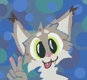 :3 :d abstract_background anthro brown_body brown_fur fur gesture hand_gesture looking_at_viewer male open_mouth open_smile smile solo toony v_sign yellow_eyes demensa felid feline iberian_lynx lynx mammal 2025 bust_portrait hi_res portrait