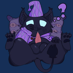 3_toes 4_fingers anthro anus balls barefoot beak beak_closed big_balls biped black_balls black_beak black_body black_fur black_inner_ear black_pawpads black_tail black_tail_tuft blue_eyes blush blush_lines bodily_fluids bottomless bottomless_anthro bottomless_male claws clothed clothed_anthro clothed_male clothing dark_body dark_fur empty_eyes erection feet finger_claws fingers fur genital_fluids genitals hat head_on_pillow headgear headwear hindpaw legs_up lying male male_anthro morning_wood mouth_closed narrowed_eyes nightcap nightgown on_back open_clothing open_topwear pajamas pattern_clothing pattern_hat pattern_headgear pattern_headwear pattern_topwear pawpads paws penis pillow precum purple_clothing purple_hat purple_headgear purple_headwear purple_pajamas purple_topwear question_mark rear_view rubbing_eye semi-anthro shortstack shortstack_male simple_background sleepwear solo spread_legs spreading tail tail_tuft thick_thighs toe_claws toes topwear transparent_background tuft waking_up x_anus young young_anthro young_male flan_(artist) deadlock_(game) mythology valve rem_(deadlock) avian chimera dream_creature gryphon mythological_avian mythological_creature 1:1 2026 alpha_channel digital_media_(artwork)