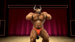 5_fingers abs anthro armband beard big_muscles black_hair brown_body brown_fur bulge clothed clothing dancing facial_hair fingers flexing fur hair horn huge_muscles humanoid_hands long_hair male muscular muscular_anthro muscular_male nipples pink_nipples ponytail solo standing text topless underwear underwear_only white_horn braford patreon oscar_(braford) bovid bovine cattle mammal 2021 3d_(artwork) 3d_animation animated digital_media_(artwork) no_sound short_playtime url webm