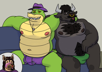 anthro belly black_body bulge clothing facial_piercing green_body group hat headgear headwear jockstrap male male/male moobs nipples nose_piercing nose_ring overweight overweight_male piercing ring_piercing sitting tongue tongue_out underwear alex_yeena_(artist) brok_the_investigator cowcat_games brok_(brok_the_investigator) alligator alligatorid bovid bovine cattle crocodilian mammal reptile scalie 2026 absurd_res hi_res