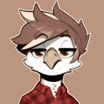 amber_eyes anthro beak beige_beak brown_eyes brown_hair clothing hair male red_clothing red_shirt red_topwear shirt small_beak solo topwear white_face chibi_(artist) covelight avian bird 1:1 low_res