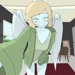 anthro bedroom biped blonde_hair blue_body blue_scales blush bone_frill bottomless bottomless_anthro bottomless_female breasts chair clothed clothing cloud desk dialogue eyes_closed feathered_wings feathers female frill_(anatomy) front_view furniture green_clothing green_jacket green_shirt green_topwear grey_body grey_feathers hair happy inside jacket leaning leaning_forward long_hair mature_anthro mature_female medium_breasts non-mammal_breasts offscreen_character outstretched_arm scales shirt smile solo standing table text topwear window wings ryangoslinghorny cavemanon_studios snoot_game anon_(snoot_game) samantha_(snoot_game) prehistoric_species pterodactylus pterosaur reptile scalie 1:1 colored english_text hi_res portrait three-quarter_portrait
