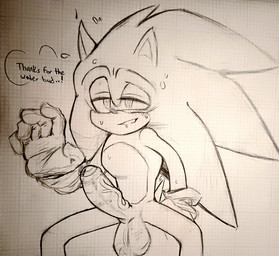 anthro aroused balls bedroom_eyes bent_legs big_balls big_penis clothed clothing erection genitals gloves graph_paper half-closed_eyes handwear huge_penis humanoid_genitalia humanoid_penis male narrowed_eyes penis reaching_towards_viewer seductive solo funkiepoop sega sonic_the_hedgehog_(series) sonic_the_hedgehog traditional_media_(artwork)