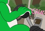 5_fingers alligator alligatorid anthro car cregon crocodile crocodilian fingers flat_colors green_body inside_car inside_vehicle jolly_the_lizard male multicolored_body reptile scalie solo sound_effects steering_wheel two_tone_body vehicle white_body