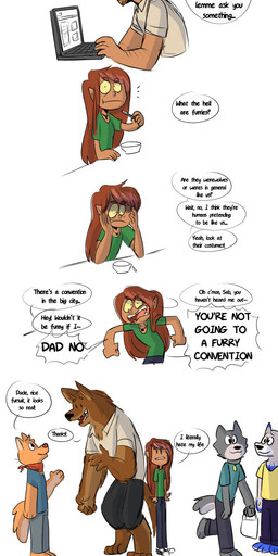 anthro biped bottomwear brown_body brown_fur clothed clothing collar computer costume dialogue electronics female fur fursuit group hair humor kerchief laptop long_hair male neckerchief neckwear open_mouth simple_background size_difference speech_bubble text topwear white_background retroleum mythology canid canine human mammal mythological_canine mythological_creature werecanid werecanine werecreature werewolf 2018 english_text hi_res daughter_(lore) father_(lore) father_and_child_(lore) father_and_daughter_(lore) parent_(lore) parent_and_child_(lore) parent_and_daughter_(lore)