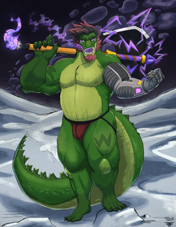 anthro axe battle_axe belly big_belly big_muscles body_hair bottomwear clothing green_body hair jockstrap looking_at_viewer male moon muscular muscular_anthro muscular_male open_mouth organs size_difference solo space stomach tail teeth tongue underwear weapon felipe_gse invader_(invaderthegator) alligator alligatorid crocodile crocodilian lizard reptile scalie digital_media_(artwork) hi_res