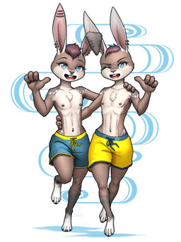 4_toes anthro arm_tuft athletic athletic_female barbell_piercing barefoot blue_clothing blue_eyes blue_swimwear breasts brown_body brown_fur brown_spots buckteeth casual_exposure chest_tuft claws clothed clothing duo ear_piercing ear_ring elbow_tuft eyebrows eyeliner facial_piercing feet female female/female flat_chested fur fur_markings gesture hair hand_behind_back hand_gesture hand_on_back hand_on_shoulder head_tuft industrial_piercing laces looking_at_viewer makeup markings multicolored_body navel navel_barbell navel_piercing navel_ring nipple_barbell nipple_piercing nipple_ring nipples nose_piercing nose_ring one_eye_closed paws piercing pointing pointing_at_self red_hair ring_piercing septum_piercing septum_ring simple_background smile spots spotted_markings swimming_trunks swimwear teasing teeth toes tongue topless topless_anthro topless_female tuft white_spots wink winking_at_viewer yellow_clothing yellow_swimwear mykegreywolf disney male_swimwear_challenge zootopia carys_(nebula1701) cerys_(nebula1701) fan_character lagomorph leporid leproid mammal rabbit 2024 3:4 absurd_res colored hi_res signature sibling_(lore) sister_(lore) sisters_(lore) twins_(lore)