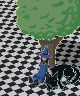 against_natural_surface against_surface against_tree ambiguous_feral ambiguous_gender anthro black_body black_fur checkered checkered_floor detailed_background duo female female_human feral fur magic_user plant sitting tree witch demensa canid canine canis human mammal wolf 2022 5:6 digital_media_(artwork) hi_res pixel_(artwork)