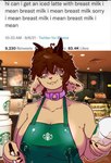 ahoge anthro apron apron_only barista big_breasts bodily_fluids breasts clothing collar container count cup dialogue_box dual_holding ear_piercing ear_ring female hair hair_heart heart_in_signature heart_on_body heart_symbol holding_container holding_cup holding_marker holding_object holding_pen holding_writing_utensil horn lactating lactating_through_clothing marker milk mostly_nude nude number pen piercing pink_eyes repeated_text ring_piercing solo text time timestamp wet wet_clothing writing_utensil nala_urbff i_mean_breast_milk starbucks mammal english_text meme