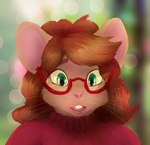 anthro brown_body brown_fur brown_hair buckteeth clothing eyewear female fur glasses green_eyes hair open_mouth pink_nose red_clothing red_eyewear red_glasses red_sweater red_topwear solo sweater teeth topwear whiskers mewmus mice_tea margaret_de_campos mammal mouse murid murine rodent 2019 bust_portrait portrait