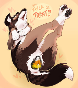 animal_genitalia animal_vulva blush brown_body brown_fur candy_corn_pattern canine_genitalia canine_vulva crossed_legs dialogue female feral fur genitals holidays legs_up looking_at_viewer lying on_back painted_pussy presenting presenting_vulva solo teasing trick-or-treating vulva white_body white_fur pariahpuppy halloween juniper_(fishymishy) canid canine canis mammal wolf hi_res