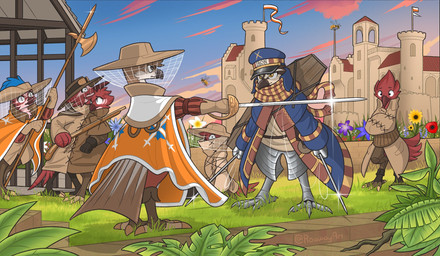 ambiguous_gender anthro armor castle clothing coffin grass group gun hat headgear headwear iron_post_(roawayart) melee_weapon musket needle_and_thread pike_(weapon) plant ranged_weapon sewing_needle standing sword weapon roawayart beekeepers_(roawayart) jang_(roawayart) avian 2023 hi_res