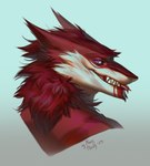 anthro cheek_tuft eyelashes facial_tuft forked_tongue fur glistening glistening_eyes grin looking_at_viewer male neck_tuft purple_eyes red_body red_fur red_tongue sharp_teeth simple_background smile solo teeth tongue tongue_out tuft white_body white_fur marie_merkh sergal 2023 dated hi_res signature