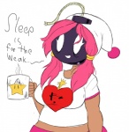 breasts clothing coffee_mug dialogue ellipsis female fuse hair hat headgear headwear heart_symbol noseless not_furry one_eye_closed open_mouth pink_hair solo star text tired wink mataknight outta_sync mario_bros nintendo shy-bomb bob-omb bomb_humanoid humanoid living_bomb shyguy starman_(mario) digital_drawing_(artwork) digital_media_(artwork) english_text