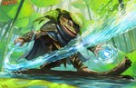 ambiguous_gender anthro armor barefoot biped blue_magic bracers copyright_symbol elemental_manipulation feet green_body leaf leaf_hat lily_pad log logo magic plant solo standing symbol water water_manipulation wood brian_valeza hasbro magic:_the_gathering wizards_of_the_coast amphibian frog 2023 hi_res official_art signature