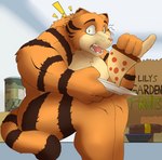 anthro appliance exclamation_point food fridge fur kitchen_appliance male markings mature_male meat muscular muscular_anthro muscular_male orange_body orange_fur pizza sausage solo striped_body striped_fur striped_markings stripes surprised_expression tail teeth text tongue whiskers wide_hips yellow_eyes noteshi garfield_(series) sony_corporation sony_pictures the_garfield_movie_(2024) vic_(garfield) domestic_cat felid feline felis mammal 2023 english_text hi_res