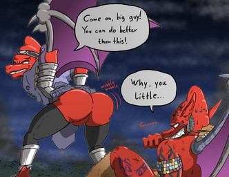 angry anklet anthro barbarian bent_over bottomless bracelet bubble_butt butt clothed clothing dialogue duo empty_eyes featureless_crotch humanoid_pointy_ears jewelry male membrane_(anatomy) membranous_wings mocking mooning pointy_ears presenting presenting_hindquarters red_body smile smirk sound_effects speech_bubble tattoo taunting teasing teasing_with_butt teeth text tribal tribal_tattoo twerking wings macro710 thatweirdguy capcom demon's_crest gargoyle's_quest ghosts_'n_goblins firebrand demon gargoyle red_arremer english_text hi_res