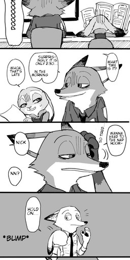 anthro clock clothed clothing dialogue dipstick_ears duo ear_markings electronics ellipsis hug inside looking_at_another monitor multicolored_ears police police_uniform speech_bubble text uniform meno third-party_edit disney zootopia judy_hopps nick_wilde canid canine fox lagomorph leporid mammal rabbit red_fox true_fox comic english_text greyscale hard_translated hi_res long_image monochrome tall_image translated