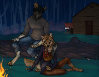 4_toes 5_fingers anthro black_body black_fur black_nose blue_eyes bottomwear braided_hair brown_body brown_fur brown_hair campfire car claws clothed clothing detailed_background digitigrade duo eyebrows feet female fingerless_(marking) fingers fire forest fur grass green_eyes hair log long_hair male multicolored_body multicolored_fur night outside pants plant shirt sitting toe_claws toes topwear tree vehicle wood melzi african_wild_dog canid canine canis mammal wolf 2014 digital_media_(artwork) hi_res