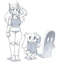 ambiguous_gender anthro blush breasts clothing female gesture group long_ears machine mouthless open_mouth panties salute scar simple_background smile sweater topwear underwear waving noill cave_story curly_brace sue_sakamoto android ghost humanoid lagomorph mammal mimiga robot robot_humanoid spirit digital_media_(artwork) monochrome